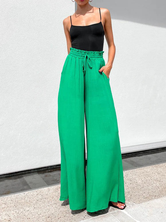 Drawstring Pocketed Solid Color Loose Flared Pants