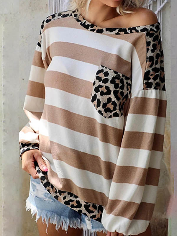 Round Neck Leopard Pocket Sweatshirt