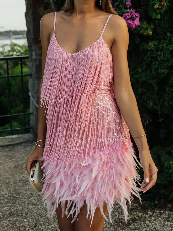 Sexy Spaghetti Strap Sleeveless Sequins Feather Mini Dress