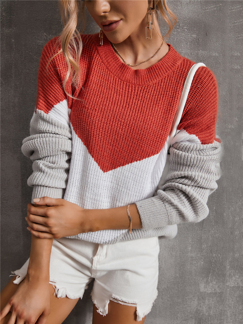 Long Sleeve Knit Color Block Crew Neck Sweater