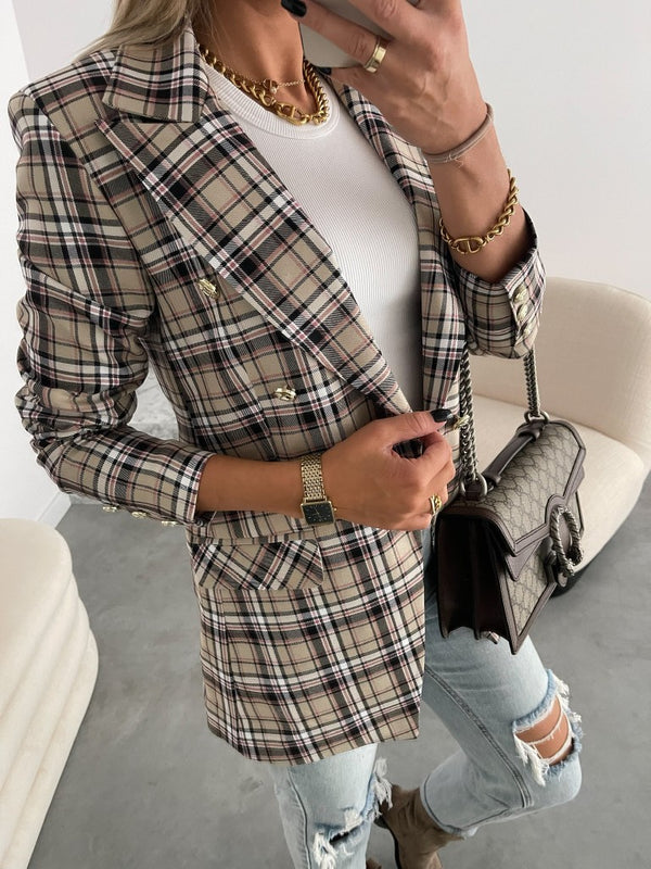 Lapel Collar Double Breasted Plaid Coat