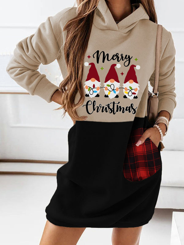 Christmas Printed Long Sleeve Hooded Sweatshirt Mini Dress