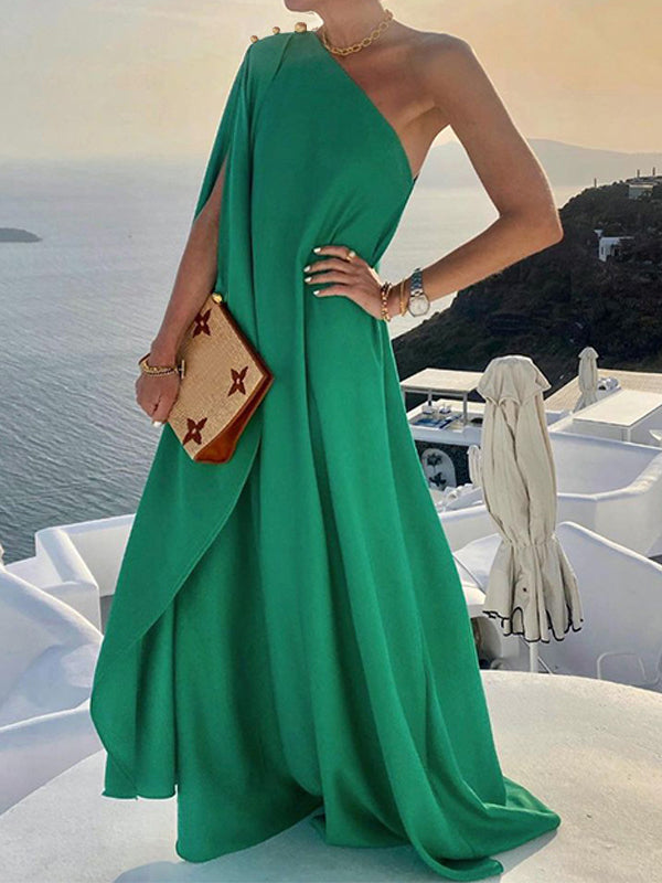 Elegant One Shoulder Solid Color Loose Gown Dress