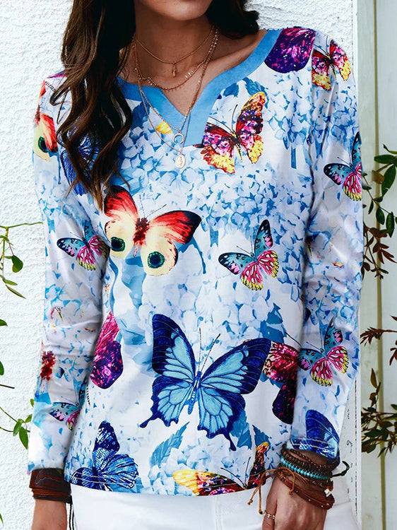 Casual Long Sleeve V Neck Butterfly Print Top