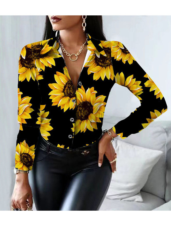 Turn Down Collar Long Sleeve Print Shirt