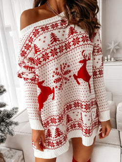 Off Shoulder Christmas Print Knitted Sweater