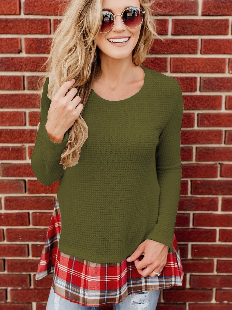 Long Sleeve Stitching Plaid Round Neck Pullover Top