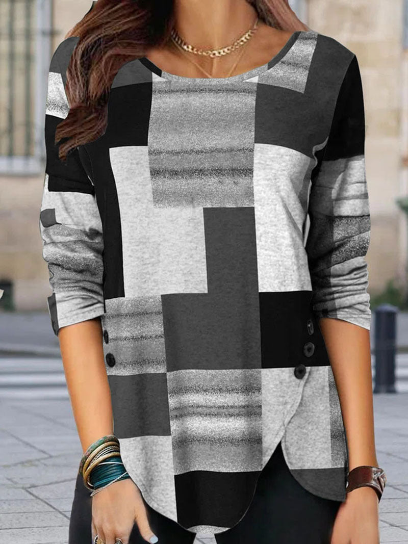 Casual Round Neck Colour Block Blouse Top