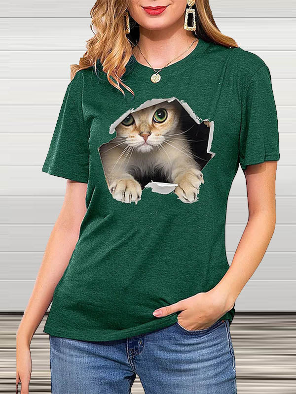 Crew Neck Short Sleeve Cat Print T-Shirt