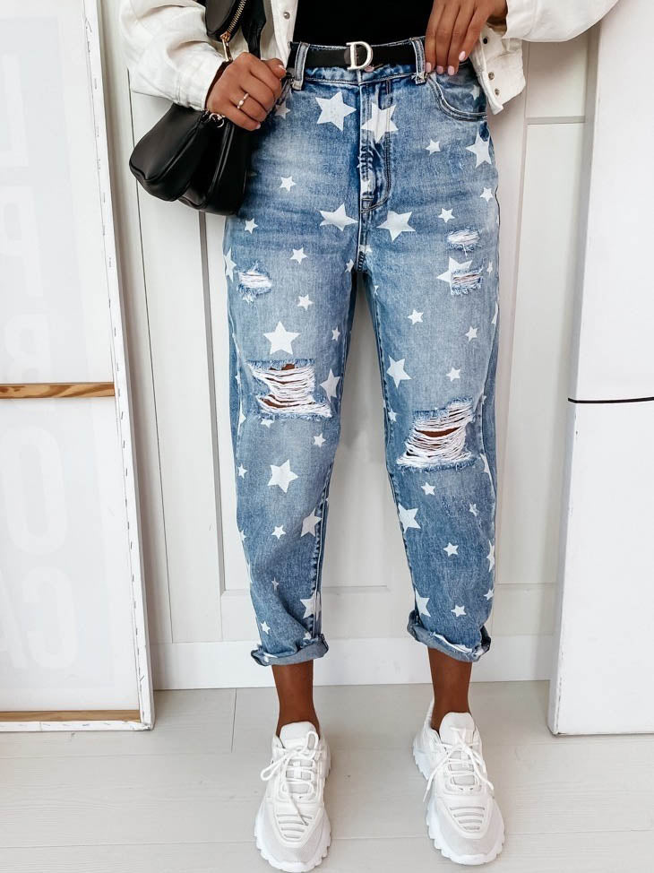 Zip Up Distressed Star Print Jean Pants