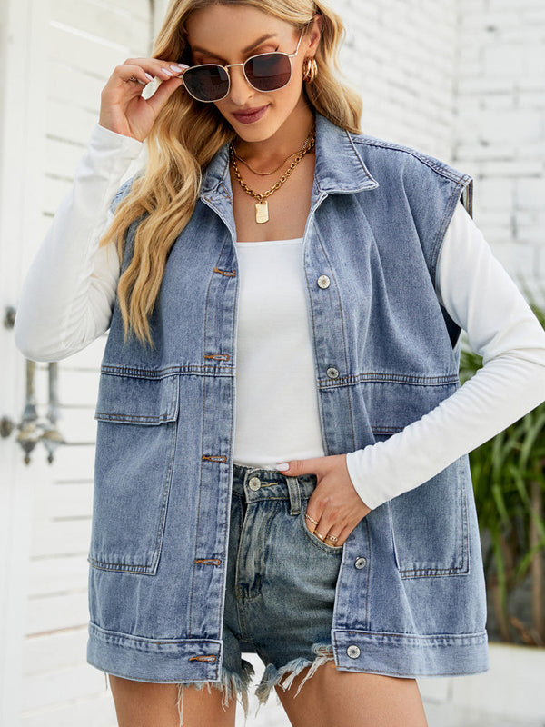 Casual Sleeveless Bend Down Collar Button Down Jean Top Jacket