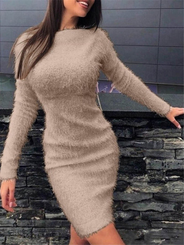 Long Sleeve Fluffy Bodycon Mini Sweater Dress