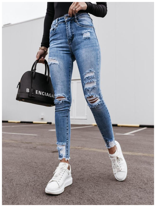 Casual Zip Up Ripped Skinny Destroyed Denim Jean Pants