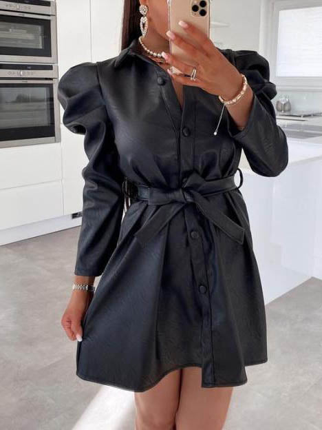 Wrap Front Button Up Long Sleeve Mini Dress