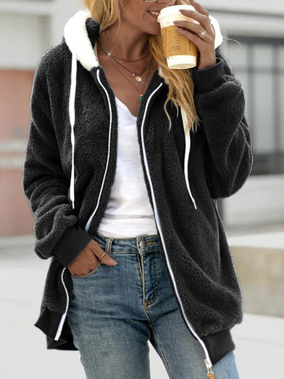 Casual Zip Up Long Sleeve Solid Drawstring Sweater