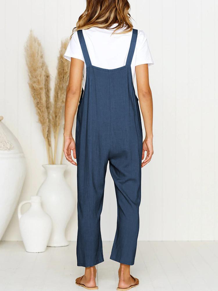 Pocket Solid Wide Leg Strappy Jumpsuit Overalls