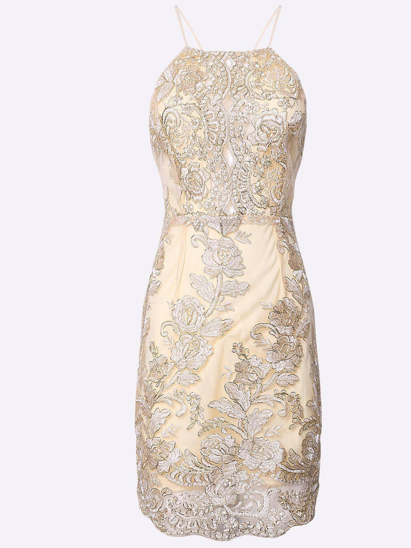Thread Embroidered Hollow Out Halter Neck  Backless Dress in Gold