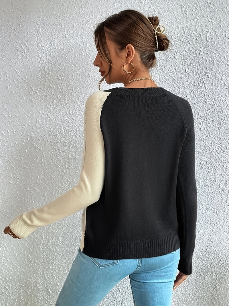 Casual Contrast Long Sleeve Crew Neck Knit Sweater