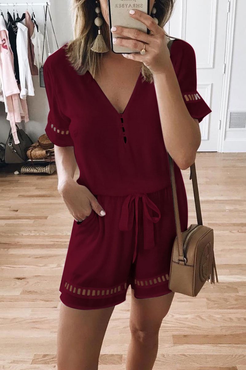 V Neck Hollow-out Lace-up Romper