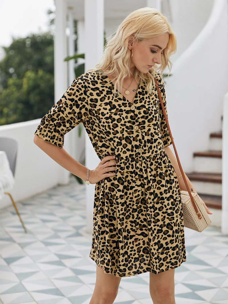 Leopard Printed V-neck Short Sleeves Short Dress