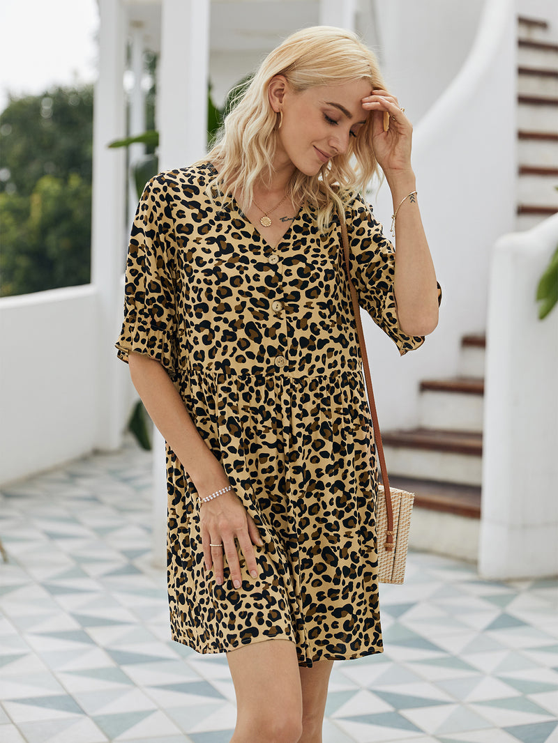 Leopard Printed V-neck Short Sleeves Short Dress