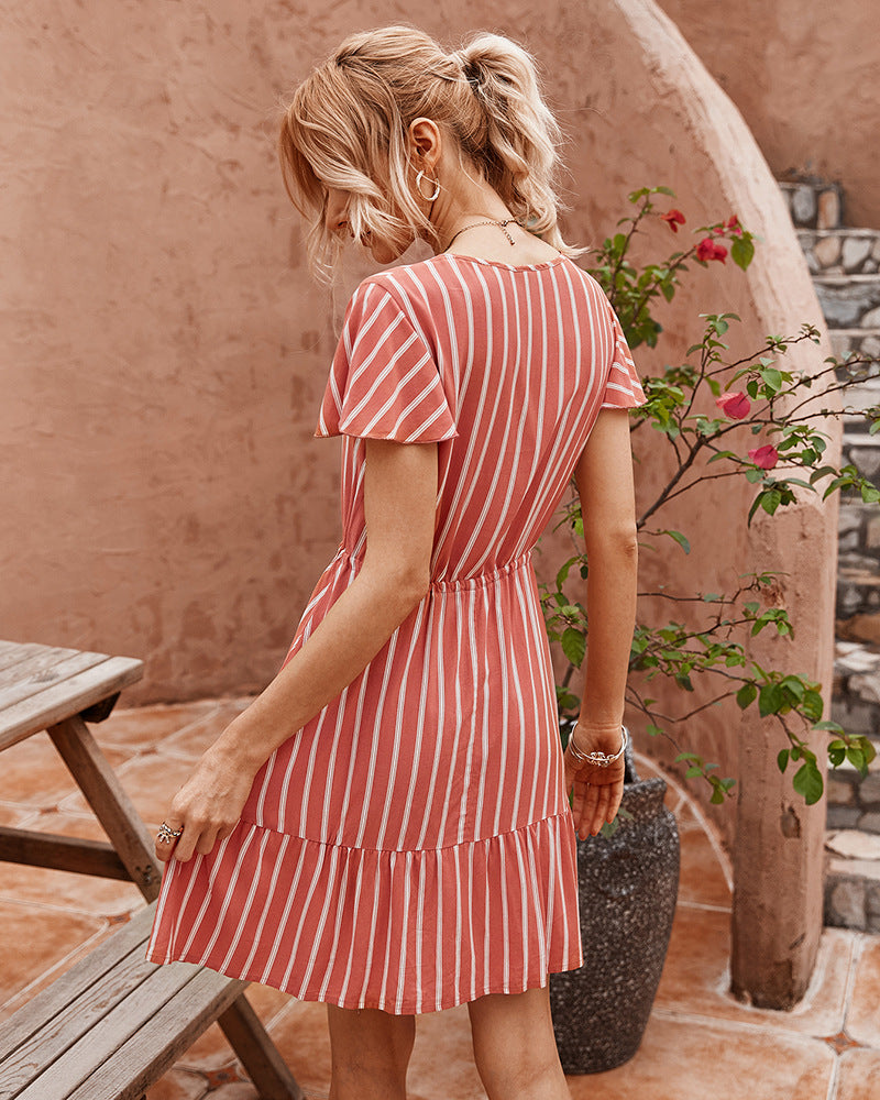 Short Sleeve Striped Short Dress