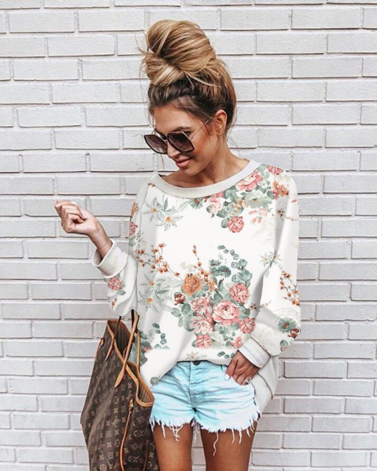 Round Neck Long Sleeve Loose Floral Casual Sweatshirt