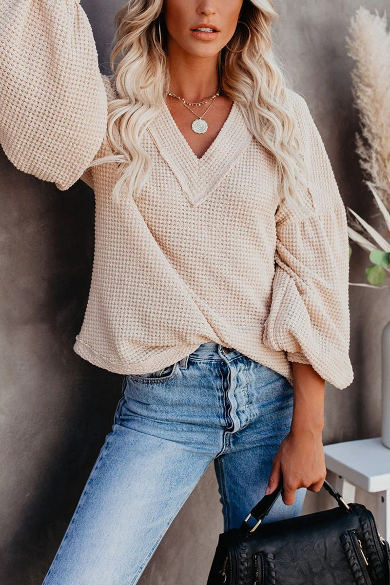 Thermal V Neck Puff Sleeve Sweater