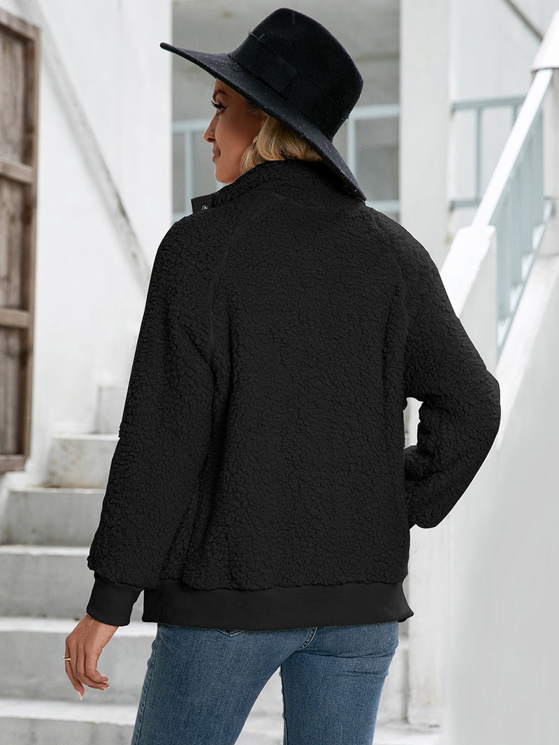 Turtle Neck Long Sleeve Button Down Fleece Sweater Coat