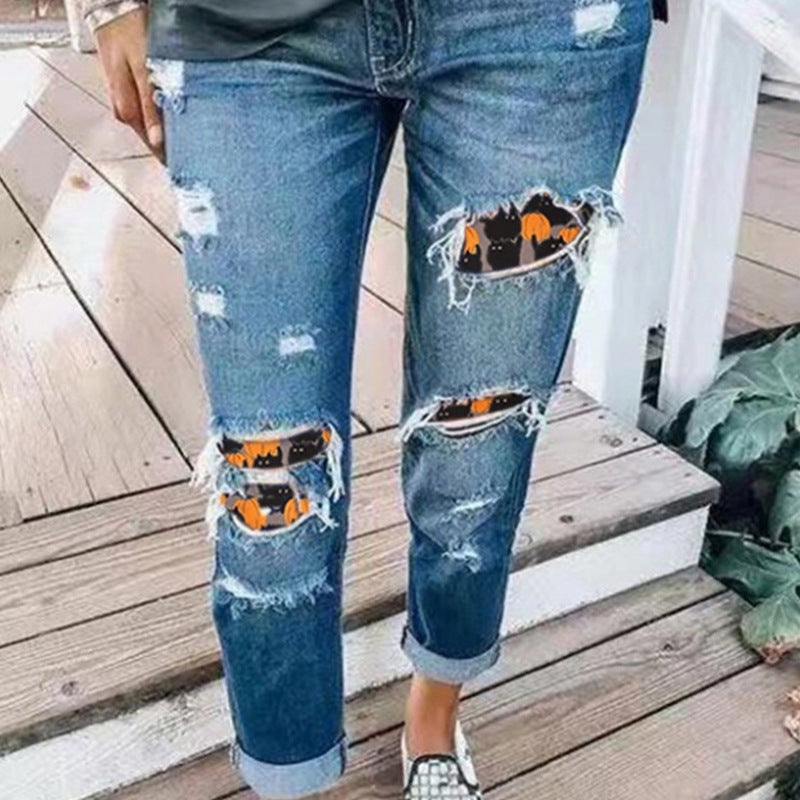 Women's Snowman Face Printed Christmas Jeans