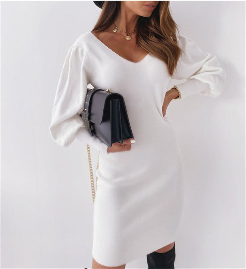 Lace V Neck Long Sleeve Mini Sweater Dress