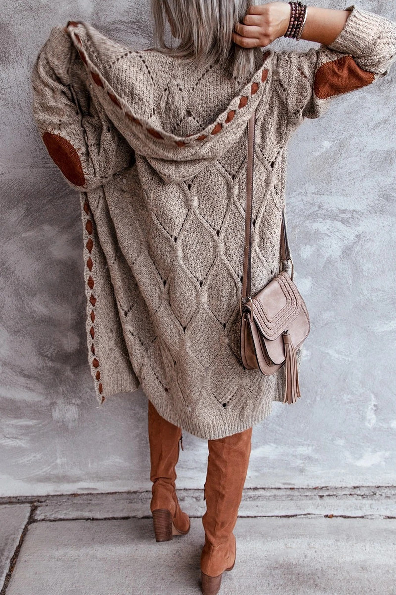 Open Front Knitted Knee Length Hooded Sweater Cardigan
