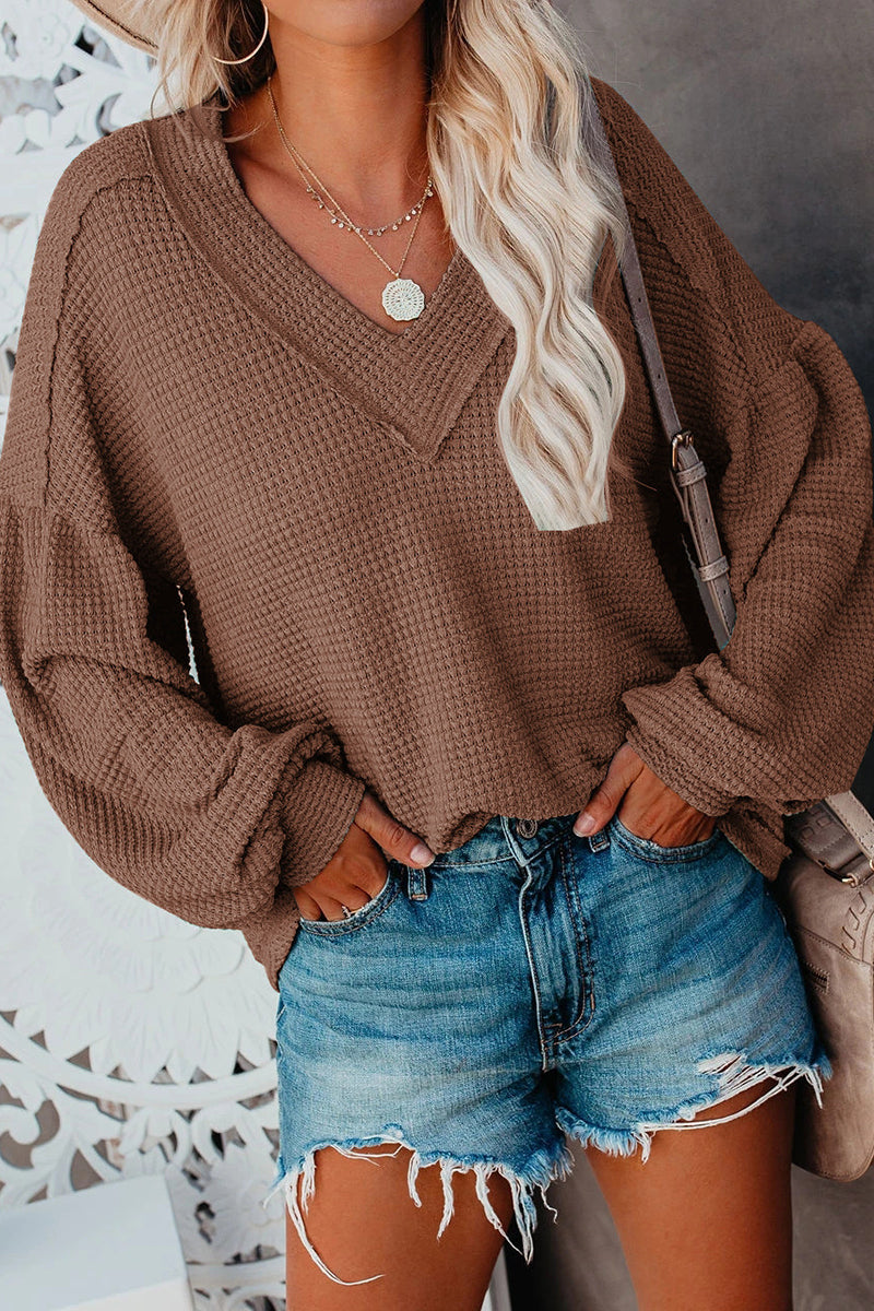 Thermal V Neck Puff Sleeve Sweater