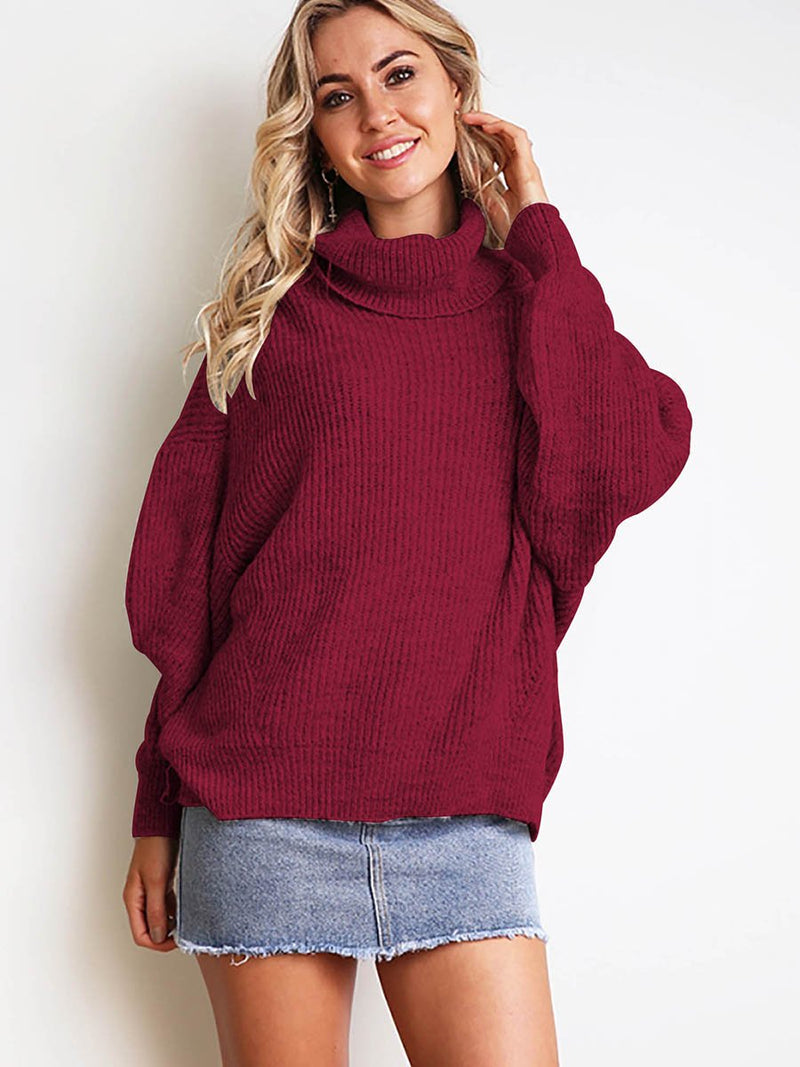 Rolled Neckline Ribbed Cuff Knitted Sweater