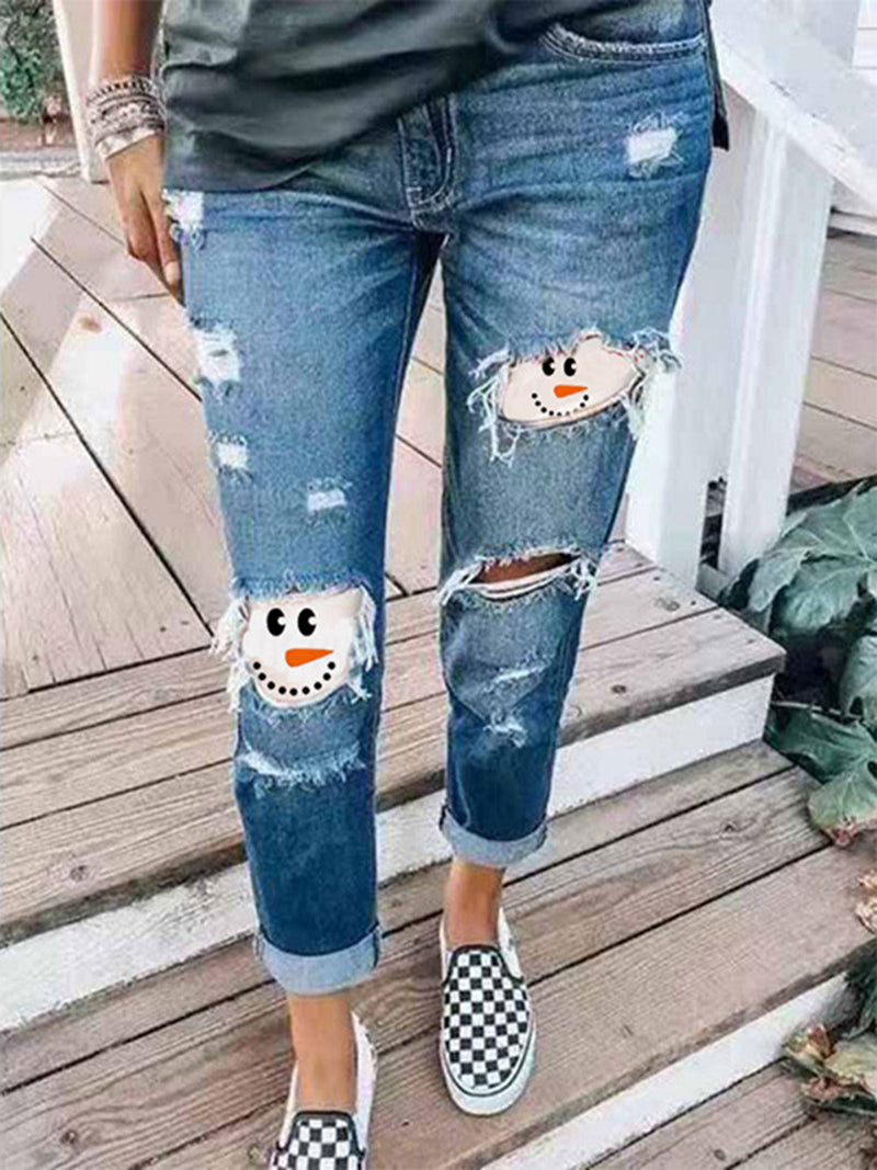 Women's Snowman Face Printed Christmas Jeans