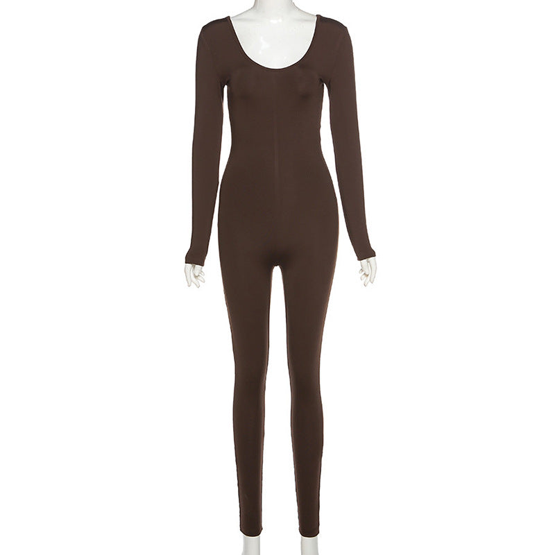 Solid Color Round Neck Long Sleeve Bodycon Jumpsuit