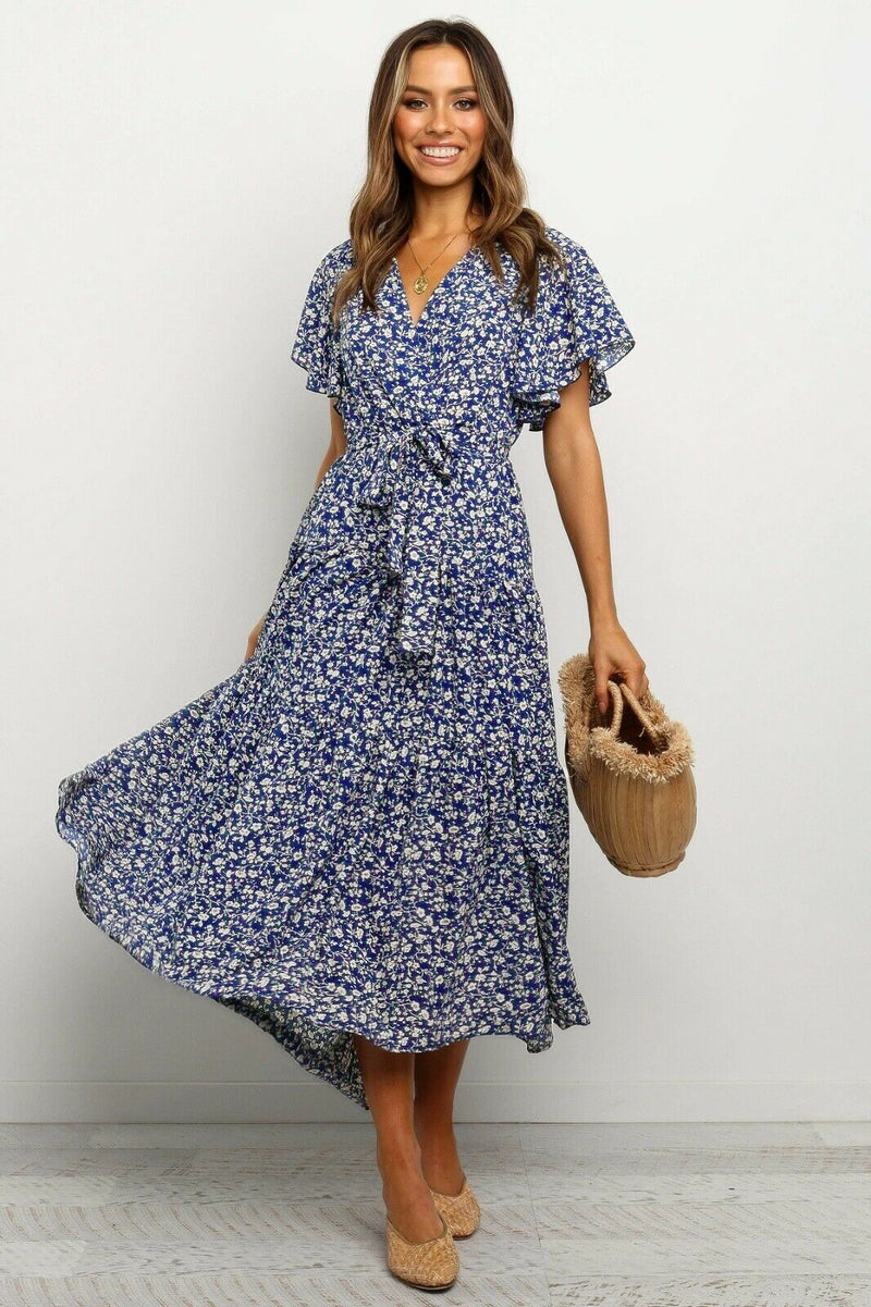 Short Sleeve Floral Tie Front Maxi Dress