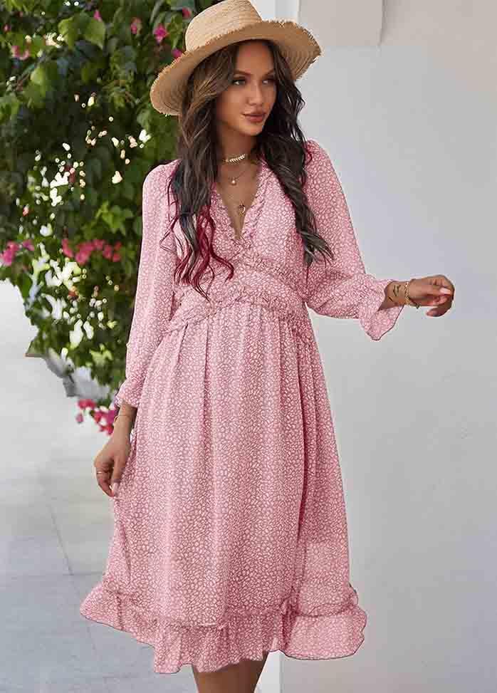 Printed Long Sleeve V Neck Dress