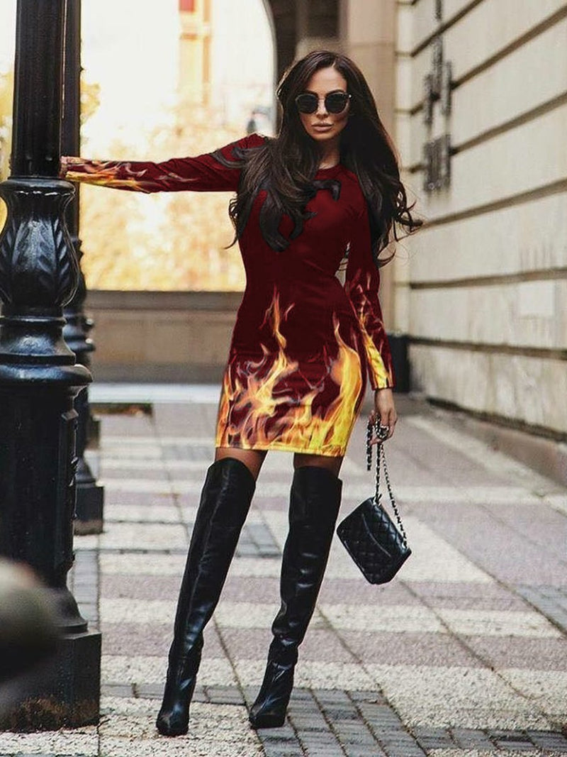 Fire Printed Long Sleeve Bodycon Mini Skirt - Landing Closet