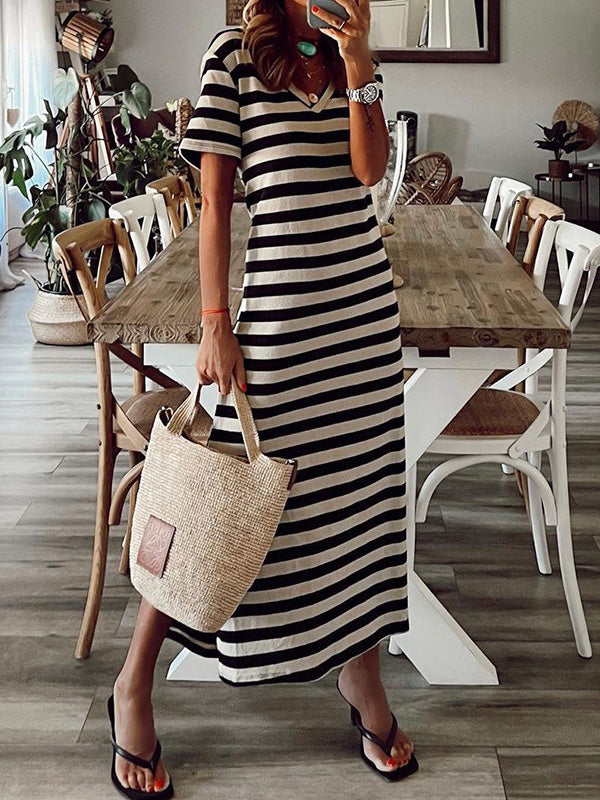 Women's Dresses Striped Print V-Neck Short Sleeve Slit Dress