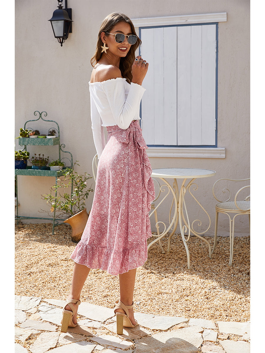 Floral Print Wrap Ruffle High Waist Flowy Midi Skirt with