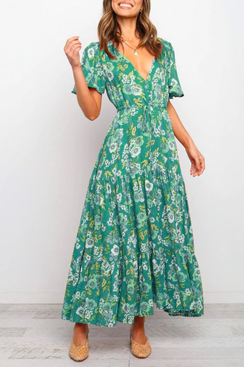 Buttons V Neck Tie Waist Ruffle Tiered Maxi Floral Dress