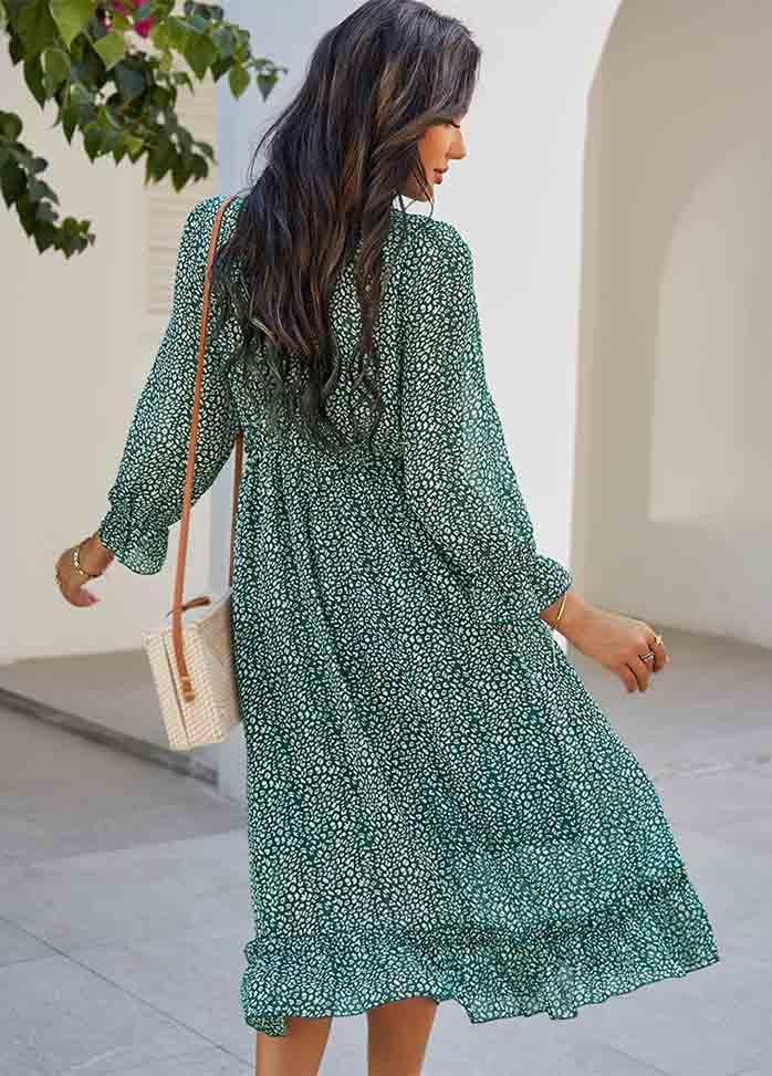 Printed Long Sleeve V Neck Dress