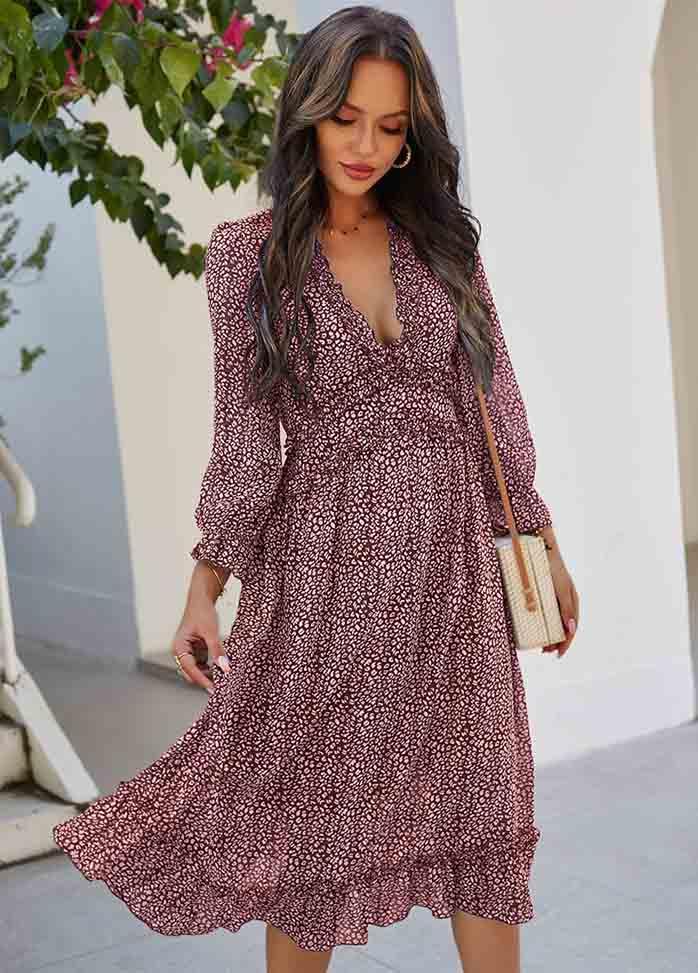 Printed Long Sleeve V Neck Dress