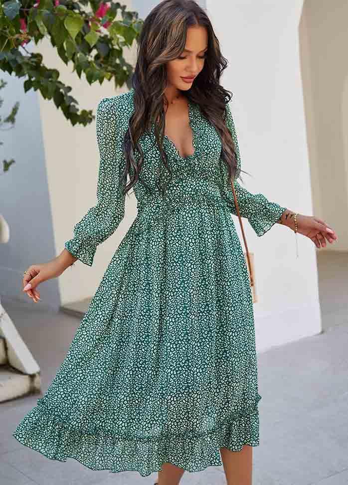 Printed Long Sleeve V Neck Dress