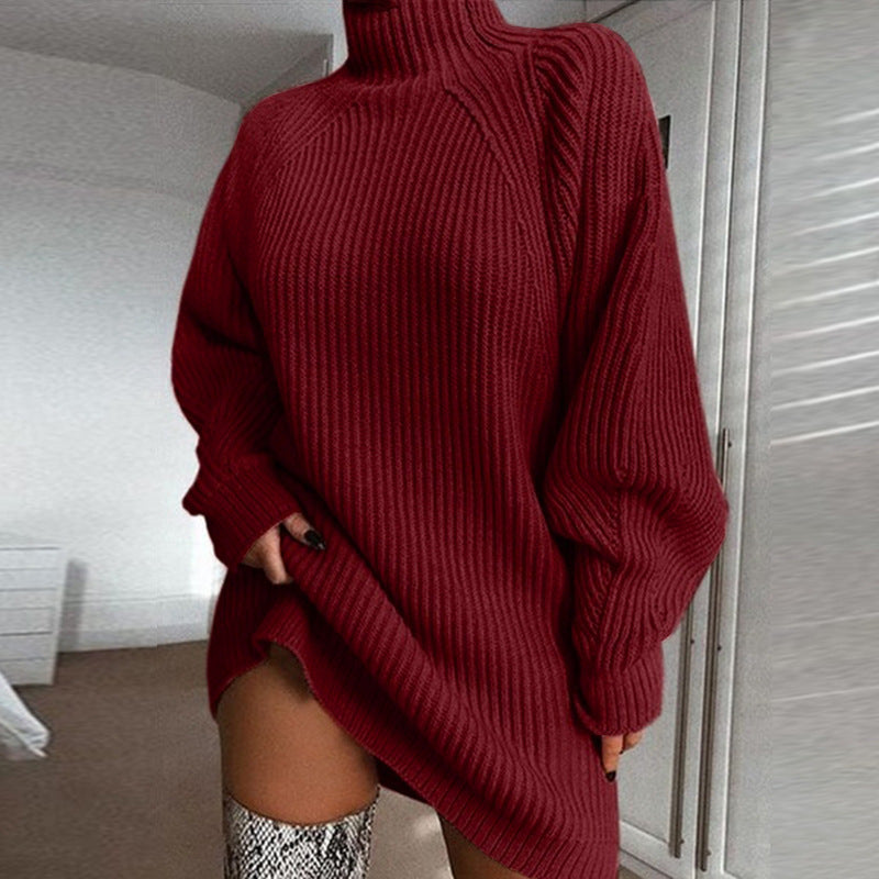 Turttleneck Long Sleeve Knitted Solid Sweater Mini Dress