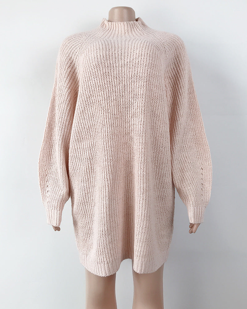 Turttleneck Long Sleeve Knitted Solid Sweater Mini Dress