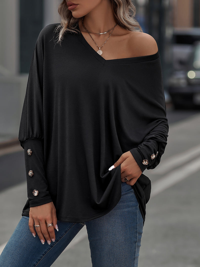 Oversized Loose-Fit V-Neck Batwing Long Sleeve Shirt Top