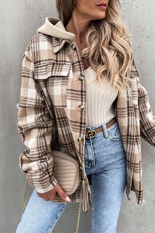 Button Up Pockets Plaid Hoodied Coat