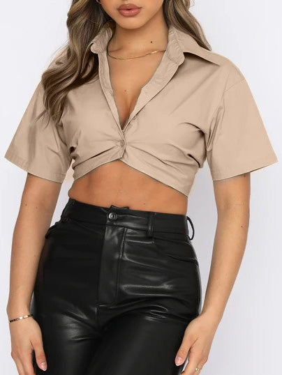 Women's Blouses Lapel Single Breasted Crop Navel Blouse